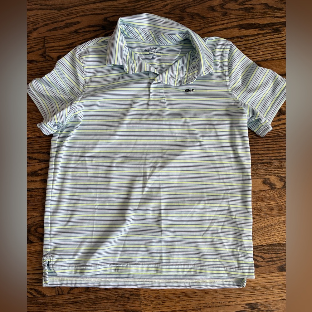 Vineyard Vines Boys Striped Sankaty Polo Shirt - Blue and Green Medium 12-14